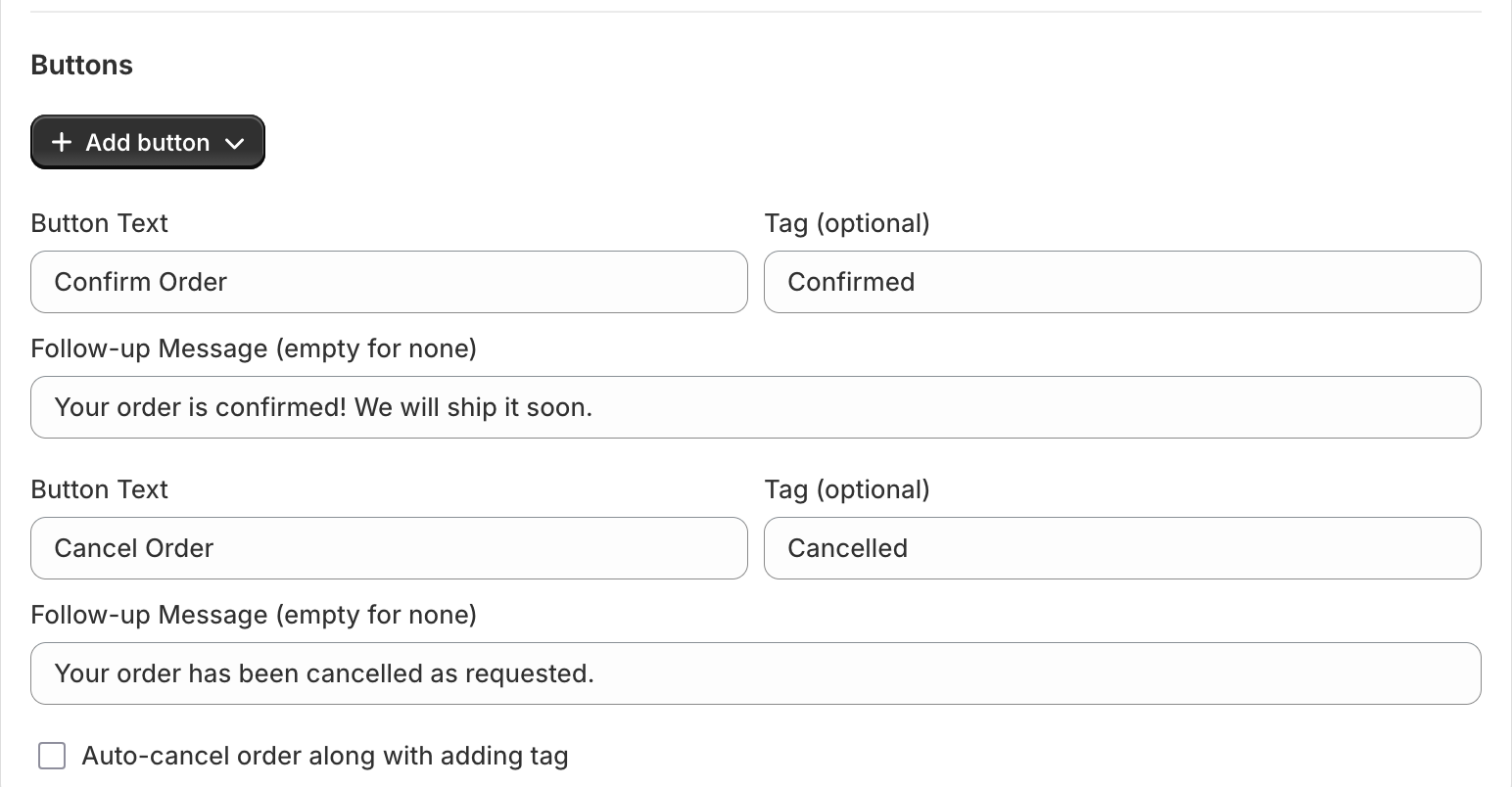 Whapi button configurator | set up Confirm and Cancel buttons with automatic tags and follow-up messages