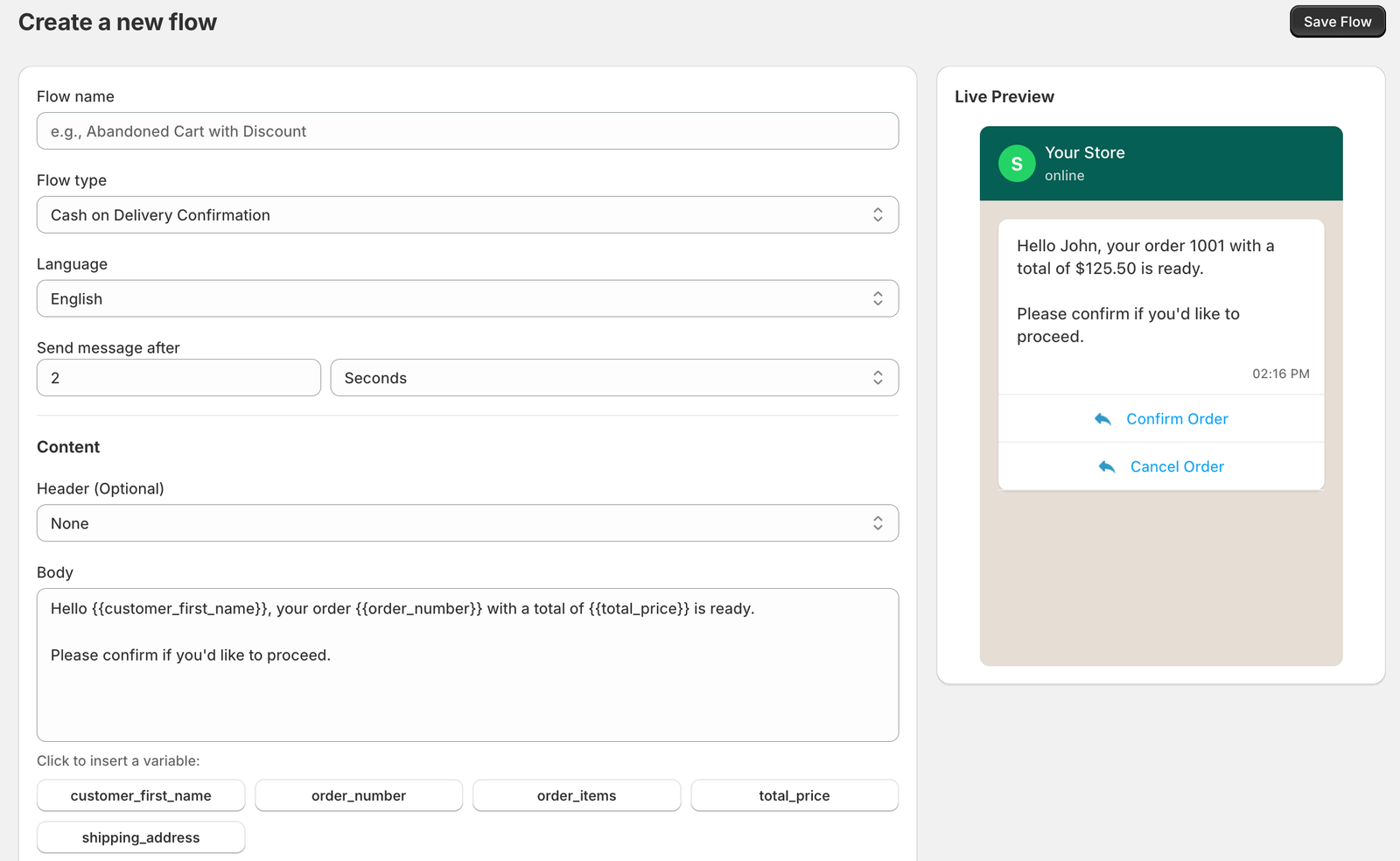 Whapi flow builder | create automations with template editor, dynamic variables, and live WhatsApp preview